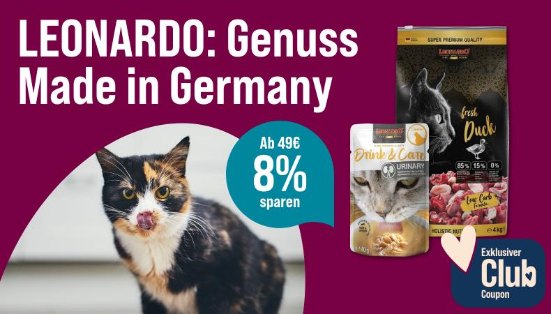 Spare 8 % ab 49 € auf LEONARDO Werbebanner für LEONARDO Katzennahrung mit dem Slogan „LEONARDO: Genuss Made in Germany“. Abgebildet sind Trocken- und Nassfutterprodukte der Marke LEONARDO. Rechts steht eine dreifarbige Katze vor einem Futternapf. Ein Hinweis hebt hervor: „Ab 49 € 8 % sparen*“. Zusätzlich wird ein exklusiver Club-Coupon beworben.