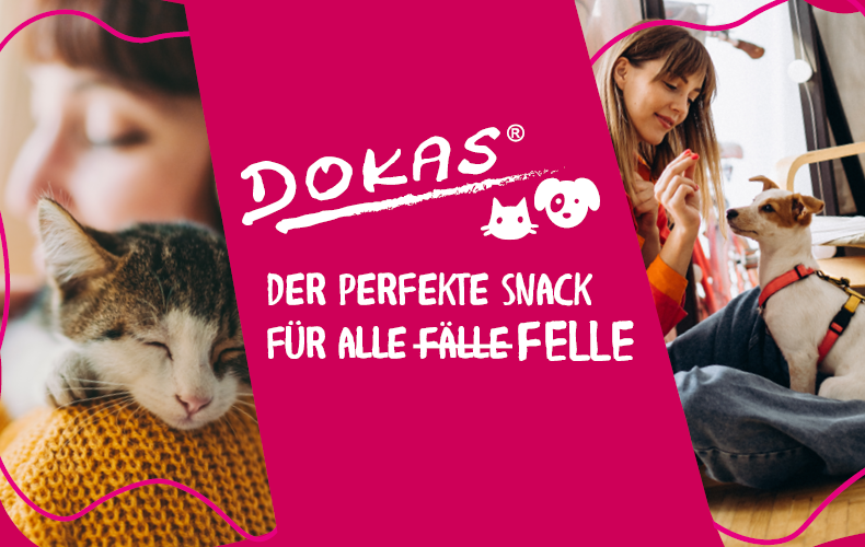 Dokas Topbanner Banner mit Dokas Schriftzug, Katze und Hund sowie dem Text „Der perfekte Snack für alle Fälle Felle“.