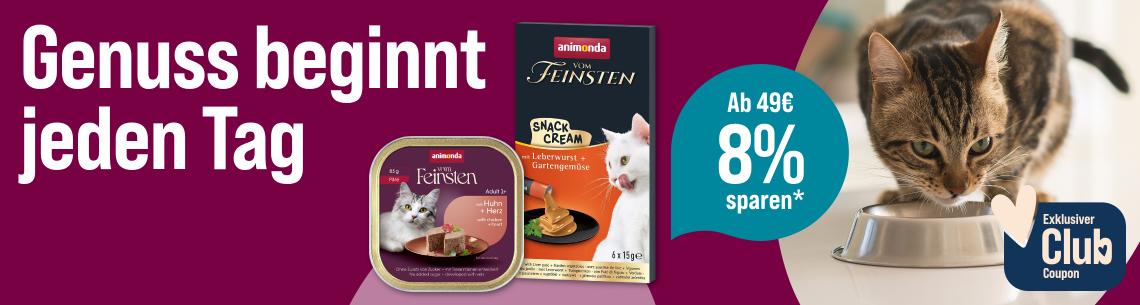 Spare 8 % ab 49 € auf Katzenfutter von Vom Feinsten Werbebanner für animonda Vom Feinsten Katzennahrung mit dem Slogan „Genuss beginnt jeden Tag“. Abgebildet sind eine Schale Nassfutter und eine Packung Snack Cream der Marke animonda Vom Feinsten. Rechts frisst eine Katze aus einem Futternapf. Ein Hinweis hebt hervor: „Ab 49 € 8 % sparen*“. Zusätzlich wird ein exklusiver Club-Coupon beworben.