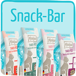 MjAMjAM Snack‑Bar MjAMjAM‑Snack‑Bar Produkte für Katzen in mehreren Sorten vor blauem Hintergrund.