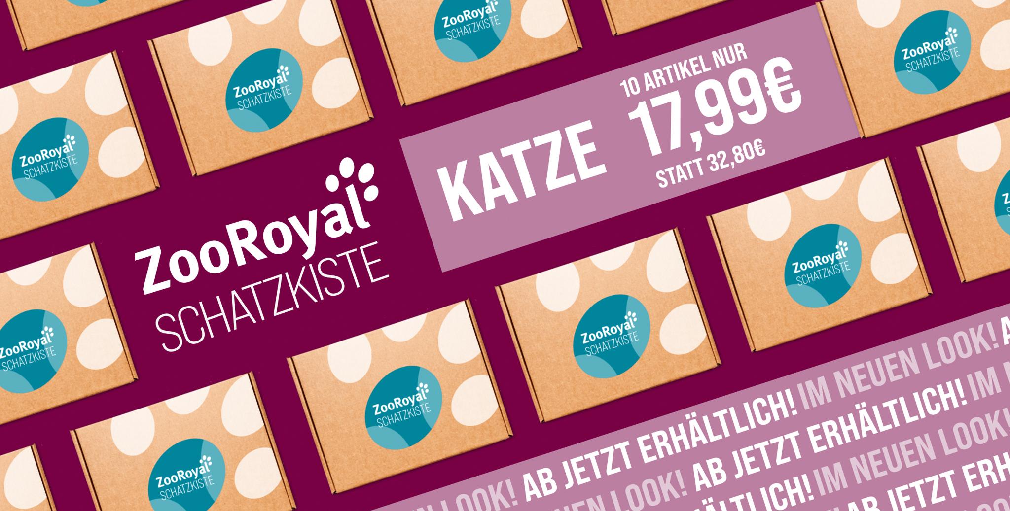 ZooRoyal Schatzkiste Herbst 2026 für Katzen Aktionsbanner für ZooRoyal Schatzkiste Katze Sommer 2026 Verkauf. Mittig hervorgehobenes Angebot „Katze – 10 Artikel nur 17,99€ statt 32,80€“; links großes Logo „ZooRoyal Schatzkiste“; Hintergrund mit wiederholten Schatzkisten-Kartons mit ZooRoyal Logo auf magentafarbenem Hintergrund; Hinweis: reduziertes Bundle-Angebot für Katzen erhältlich.