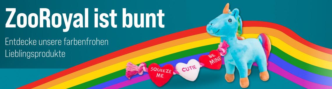 ZooRoyal ist bunt Werbebanner mit bunten Haustierspielzeugen und einem Hinweis auf farbenfrohe Lieblingsprodukte