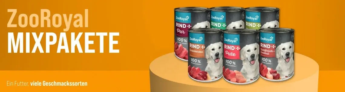ZooRoyal Mixpakete Hundefutter Banner Mehrere ZooRoyal Mixpakete Hundefutterdosen stehen auf einem Podest vor orangefarbenem Hintergrund.