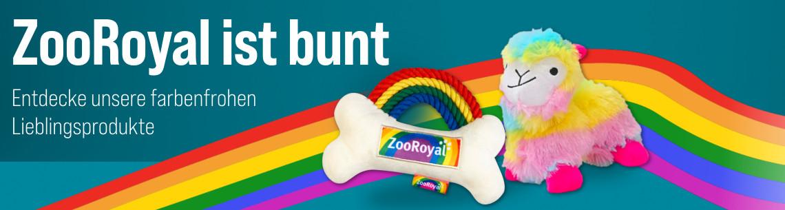 ZooRoyal ist bunt Werbebanner mit bunten Haustierspielzeugen und einem Hinweis auf farbenfrohe Lieblingsprodukte