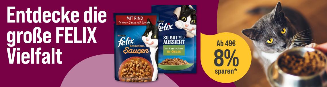Spare 8 % ab 49 € auf Katzenfutter von Felix Aktionsbanner für FELIX Katzennahrung. Links der Schriftzug „Entdecke die große FELIX Vielfalt“ auf magentafarbenem Hintergrund. Mittig eine grau-weiße Katze vor einem Futternapf. Rechts gelber Rabatt-Hinweis „Ab 49 € 8 % sparen“ sowie zwei FELIX Nassfutter-Produkte. Hinweis: Werbemotiv in Magenta-, Gelb- und Naturtönen mit Fokus auf Katzenfutter und Rabattaktion.
