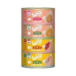 WOW Cat Suppe und Filet Gestapelte Dosen WOW Cat Suppe und Filet als Produktübersicht.