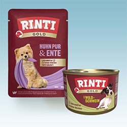 Rinti Gold Zwei Rinti‑Gold‑Produkte für Hunde als Nassfutterübersicht.