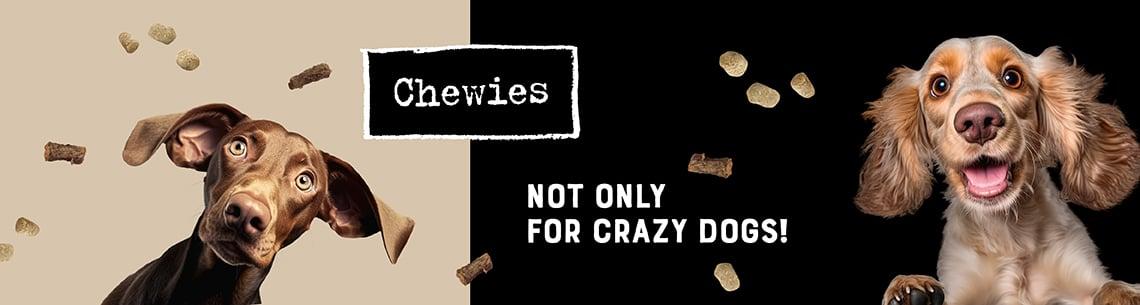 Abbinder Chewies Banner mit zwei Hunden und Chewies Logo.