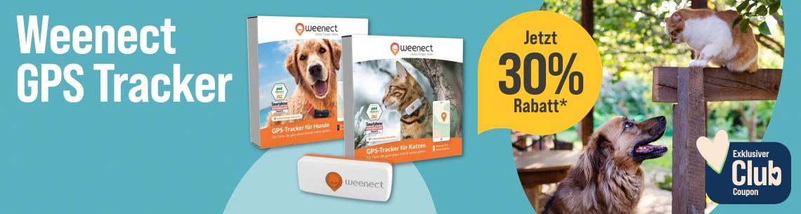 Spare 30 % auf GPS Tracker von Weenect Werbebanner für Weenect GPS-Tracker mit dem Schriftzug „Weenect GPS Tracker“. Abgebildet sind GPS-Tracker für Hunde und Katzen inklusive Verpackungen. Rechts sind ein Hund und eine Katze im Freien zu sehen. Ein Hinweis hebt hervor: „Jetzt 30 % Rabatt*“. Zusätzlich wird ein exklusiver Club-Coupon beworben.