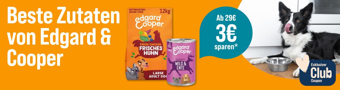 Spare 3€ ab 29€ auf Edgard & Cooper Werbebanner für Edgard & Cooper Hundenahrung mit dem Schriftzug „Beste Zutaten von Edgard & Cooper“. Abgebildet sind ein Beutel Trockenfutter „Frisches Huhn“ und eine Dose Nassfutter „Wild & Ente“. Rechts liegt ein Hund neben einem Futternapf. Ein Hinweis hebt hervor: „Ab 29 € 3 € sparen*“. Zusätzlich wird ein exklusiver Club-Coupon beworben.