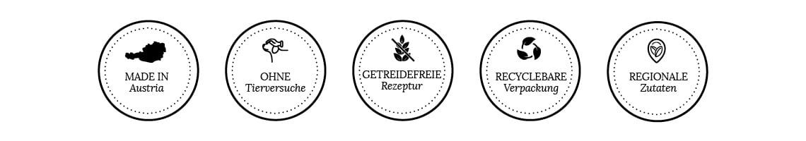 Icons Icons zu Lebensmittelqualität, VETMED geprüft, Bio‑Produkt, PETA, recycelbare Verpackung und Climate Partner.