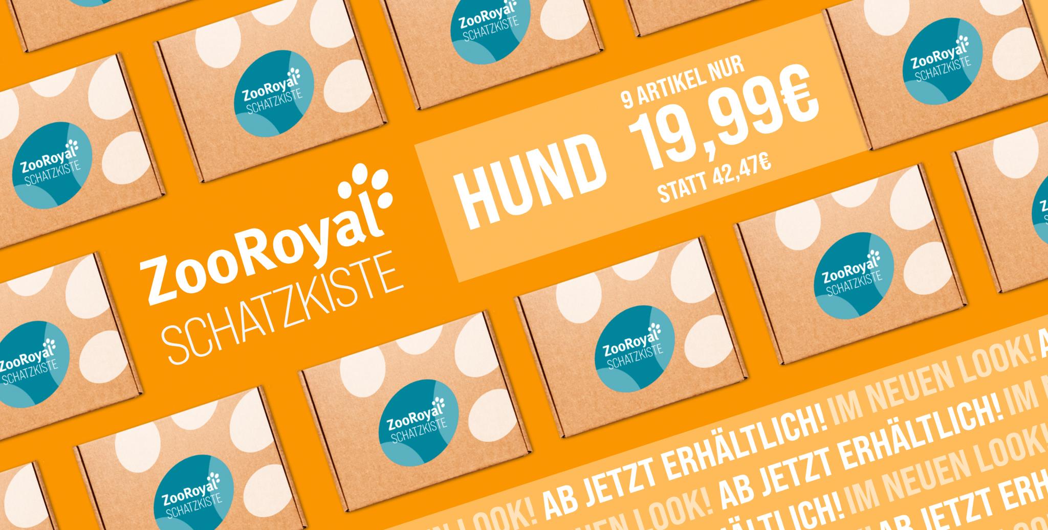ZooRoyal Schatzkiste Herbst 2026 für Hunde Aktionsbanner für ZooRoyal Schatzkiste Hund Sommer 2026 Verkauf. Mittig hervorgehobenes Angebot „Hund – 9 Artikel nur 19,99€ statt 42,47€“; links Logo „ZooRoyal Schatzkiste“; Hintergrund mit wiederholten Schatzkisten-Kartons mit ZooRoyal Logo auf orangem Hintergrund.