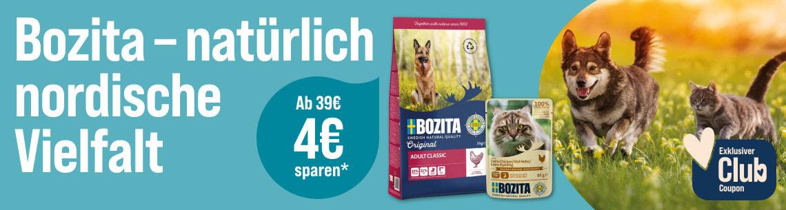 Spare 39 € ab 4 € auf Bozita Tierfutter Aktionsbanner für Bozita Tierfutter. Links der Hinweis „Spare 4 € ab 39 € auf Bozita Tierfutter“. Mittig verschiedene Bozita Produkte für Hund und Katze sowie ein Sparhinweis „Ab 39 € 4 € sparen*“. Rechts ein Hund und eine Katze auf einer Wiese. Hinweis: Exklusiver Club Coupon.*