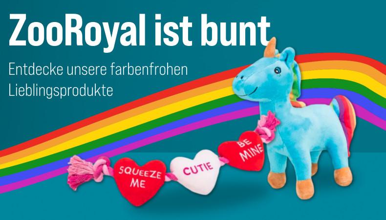 ZooRoyal ist bunt Werbebanner mit bunten Haustierspielzeugen und einem Hinweis auf farbenfrohe Lieblingsprodukte