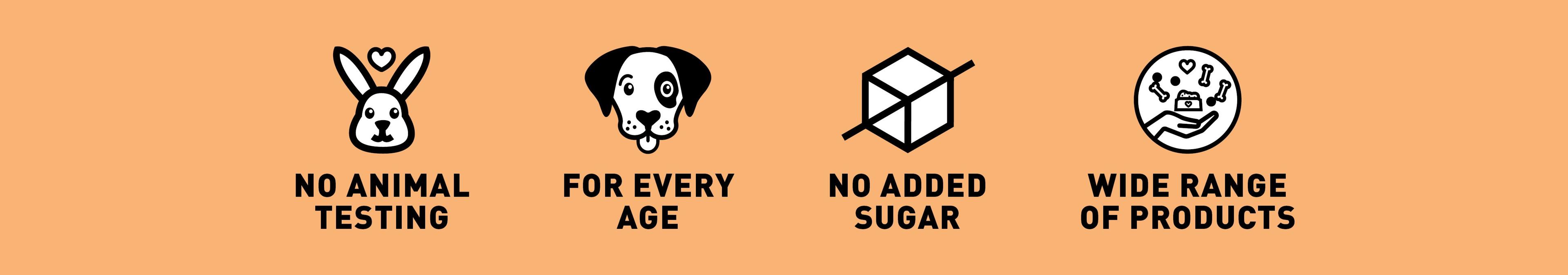 Chewies Sloganbanner Icons zu „No animal testing“, „For every age“, „No added sugar“ und „Wide range of products“.