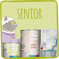 MjAMjAM Senior MjAMjAM‑Senior‑Katzenfutter in mehreren Sorten vor grünem Hintergrund.