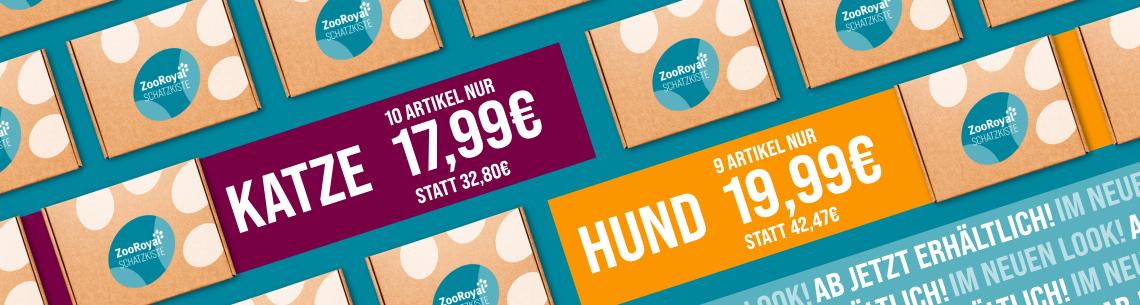 ZooRoyal Herbst Schatzkiste für Hund und Katze Aktionsbanner für ZooRoyal Herbst Schatzkiste Mittig nebeneinander Angebotsflächen: links „Katze – 10 Artikel nur 17,99€ statt 32,80€“ und rechts „Hund – 9 Artikel nur 19,99€ statt 42,47€“; Hintergrund mit wiederholten Schatzkisten-Kartons mit ZooRoyal Schatzkisten-Logo;