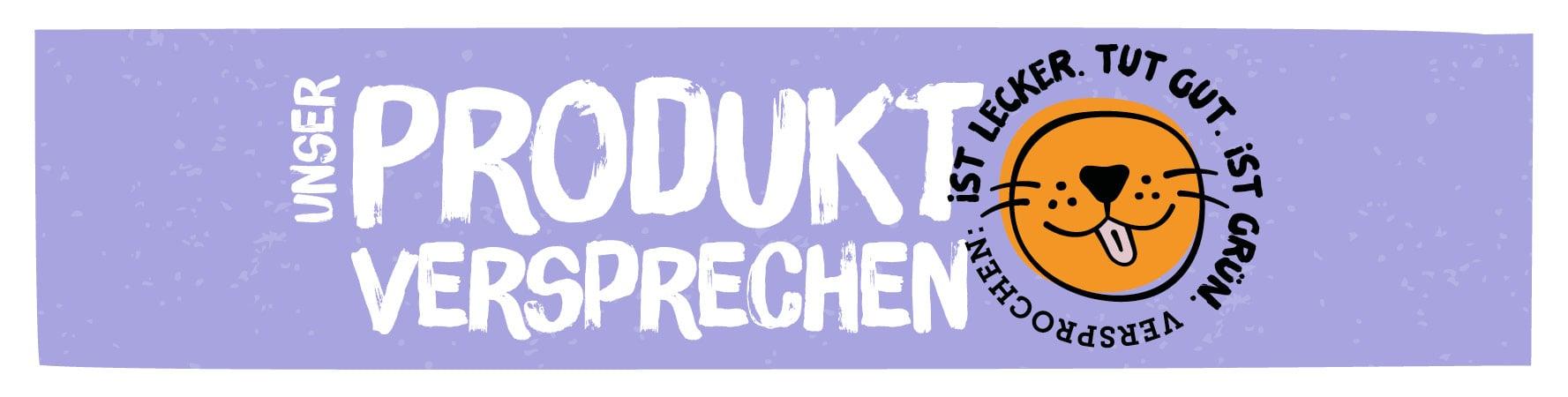 Green Petfood Produktversprechen Banner mit dem Schriftzug „Unser Produktversprechen“ und einem runden Katzenlogo.