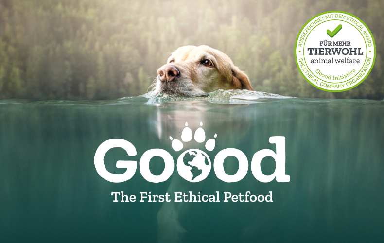 Goood Topbanner Hund schwimmt im See vor dem Goood Logo und Tierwohl‑Siegel.