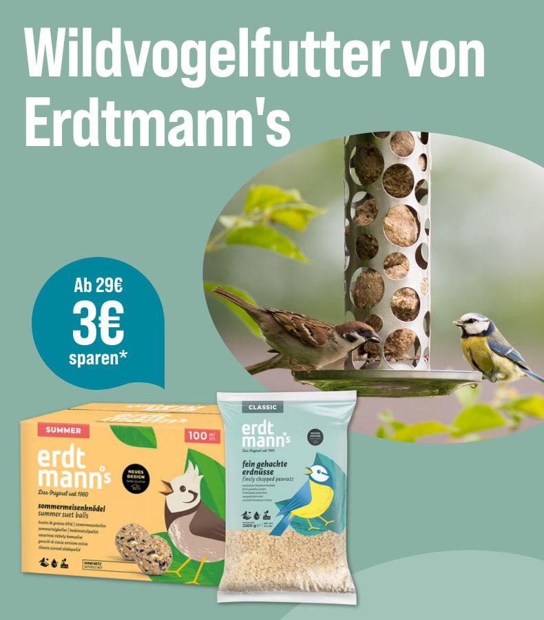 Spare 3 € ab 29 € auf Erdtmann`s Aktionsbanner mit Erdtmann’s Wildvogelfutterprodukten und mehreren Wildvögeln an einer Futtersäule.