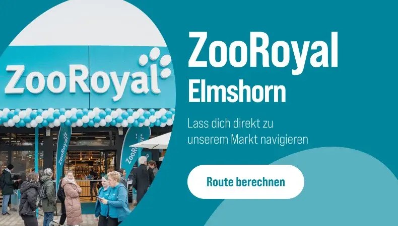 Lass dich direkt zu unserem Markt navigieren Werbebanner mit Foto des ZooRoyal‑Markteingangs und Hinweis zur Routenführung nach Elmshorn.