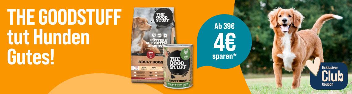 Spare 4 € ab 39 € auf The Goodstuff Aktionsbanner für The Goodstuff Hundefutter und einem stehenden Hund auf einer Wiese. 4 € Rabatt ab 39 € für ZooRoyal Club Mitglieder.