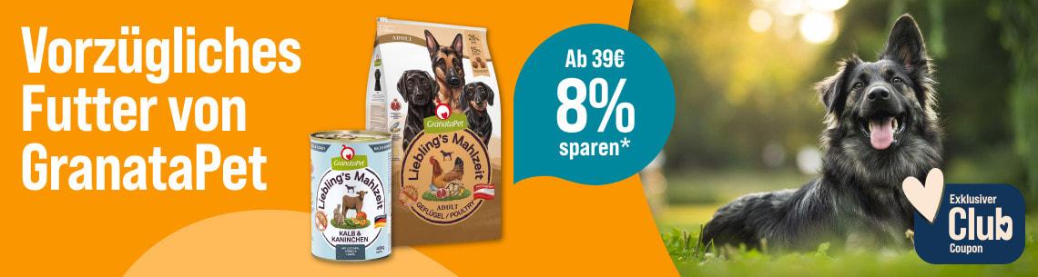 Spare 8% ab 39€ auf GranataPet Aktionsbanner mit Hundefutter der Marke GranataPet und einem auf der Wiese liegenden Hund.