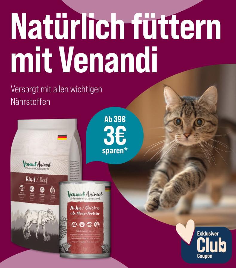 Spare 3 € ab 39 € auf Venandi Katzenfutter Aktionsbanner mit Venandi Katzenfutter und einer laufenden Katze.