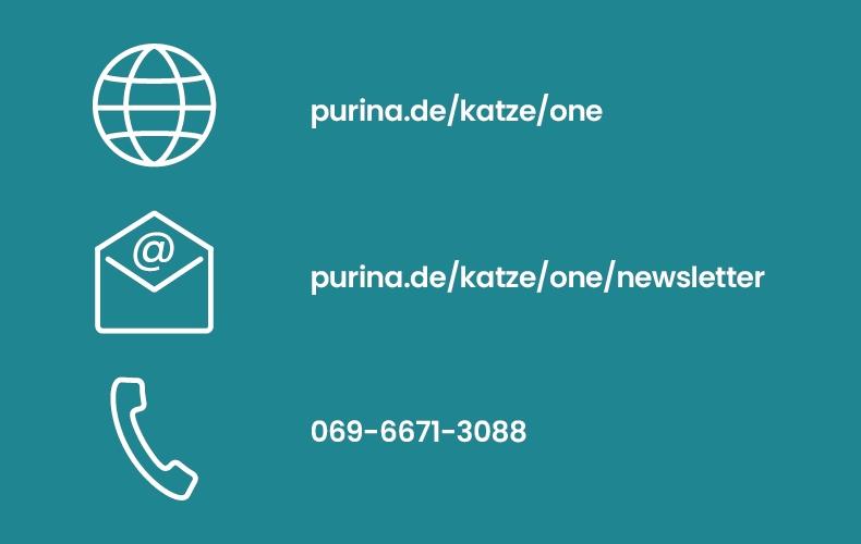 Kontakt Kontaktinformationen von Purina mit Symbolen für Website, Newsletter und Telefon.