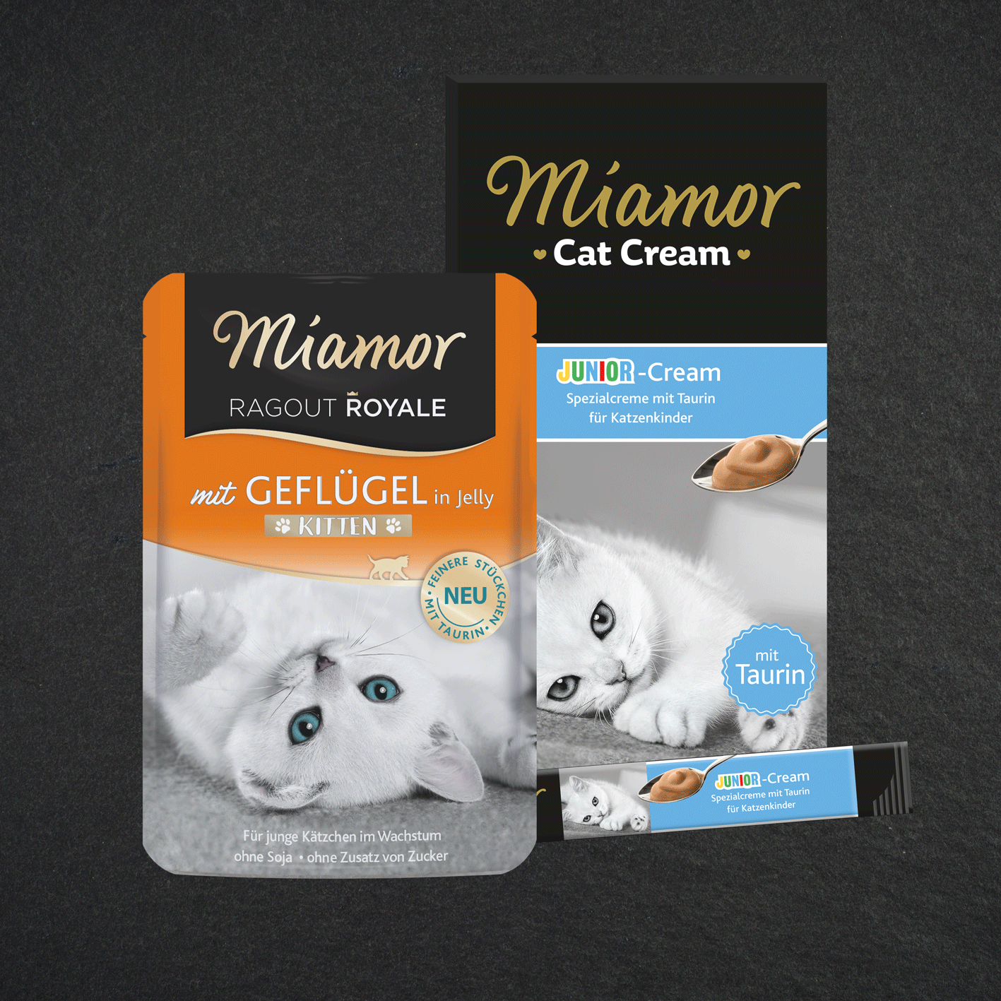 Miamor Kitten Miamor‑Ragout‑Royale Kitten Futterbeutel neben einer Packung Miamor‑Junior‑Cream.