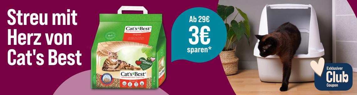 Spare 3 € ab 29 € auf Katzenstreu von Cat's Best Werbebanner für Cat’s Best Katzenstreu mit dem Slogan „Streu mit Herz von Cat’s Best“. Abgebildet ist ein Sack Cat’s Best Original Katzenstreu. Rechts steigt eine Katze aus einer Katzentoilette. Ein Hinweis hebt hervor: „Ab 29 € 3 € sparen*“. Zusätzlich wird ein exklusiver Club-Coupon beworben.