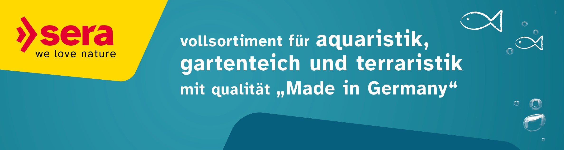 Sera Topbanner Banner mit Sera‑Logo und Hinweis auf Aquaristik‑, Teich‑ und Terraristiksortiment.