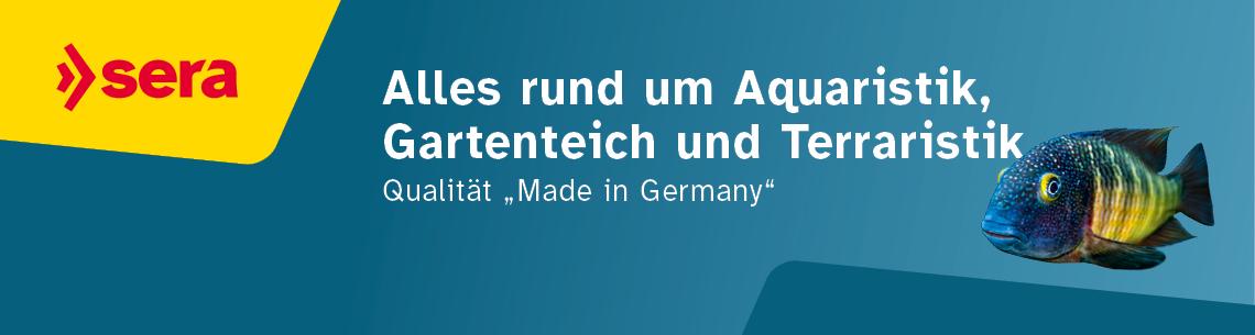 Sera Topbanner Banner mit Sera‑Logo und Hinweis auf Aquaristik‑, Teich‑ und Terraristiksortiment.