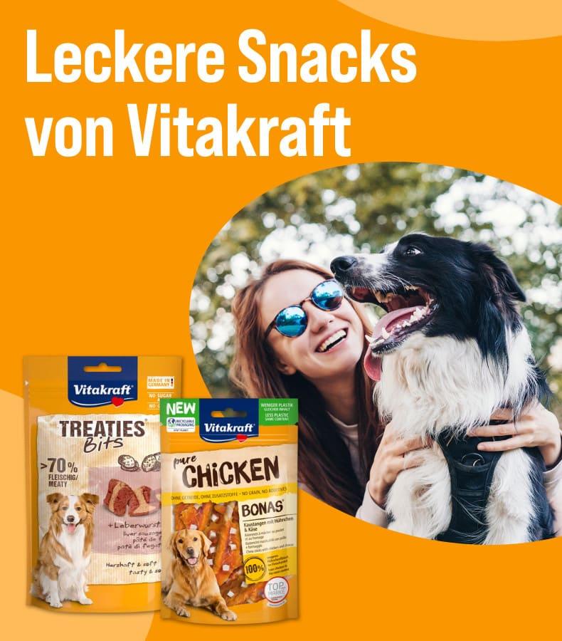 Entdecke Snacks von Vitakraft Aktionsbanner mit Vitakraft Hundesnacks und einem Hund in einer Outdoor‑Szene.