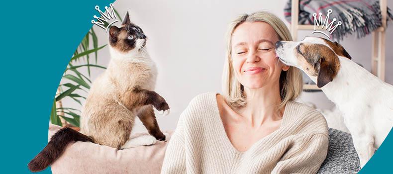 Royal Kommunikation-Header.jpg Katze und Hund neben einer Person auf einem Sofa.