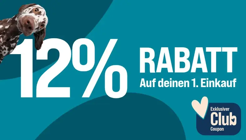 12% Rabatt auf dienen ersten Einkauf Hundekopf ragt ins Bild, daneben große 12%-Rabattfläche auf blauem Hintergrund mit Club‑Hinweis.