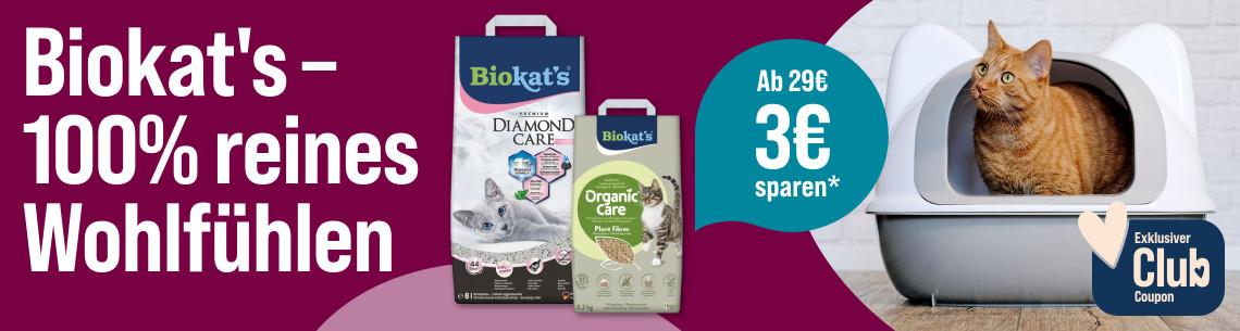 Spare 3 € ab 29 € auf Biokat's Katzenstreu Aktionsbanner für Biokat's Katzenstreu. Links der Schriftzug „Biokat's – 100% reines Wohlfühlen“. Mittig abgebildet sind die Katzenstreu-Produkte Biokat's Diamond Care und Biokat's Organic Care. Rechts sitzt eine Katze in einer Katzentoilette. Daneben ein Hinweis „Ab 29 € 3 € sparen“ sowie ein Badge „Exklusiver Club Coupon“. Hintergrund in Magenta- und Rosatönen. Hinweis: Beim Kauf ausgewählter Biokat's Produkte ab 29 € können mit Club Coupon 3 € gespart werden.**