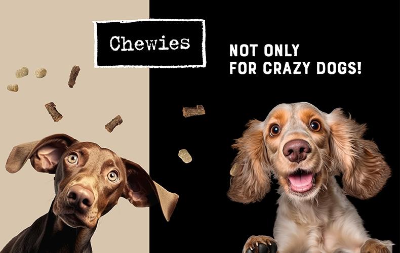 Abbinder Chewies Banner mit zwei Hunden und Chewies Logo.