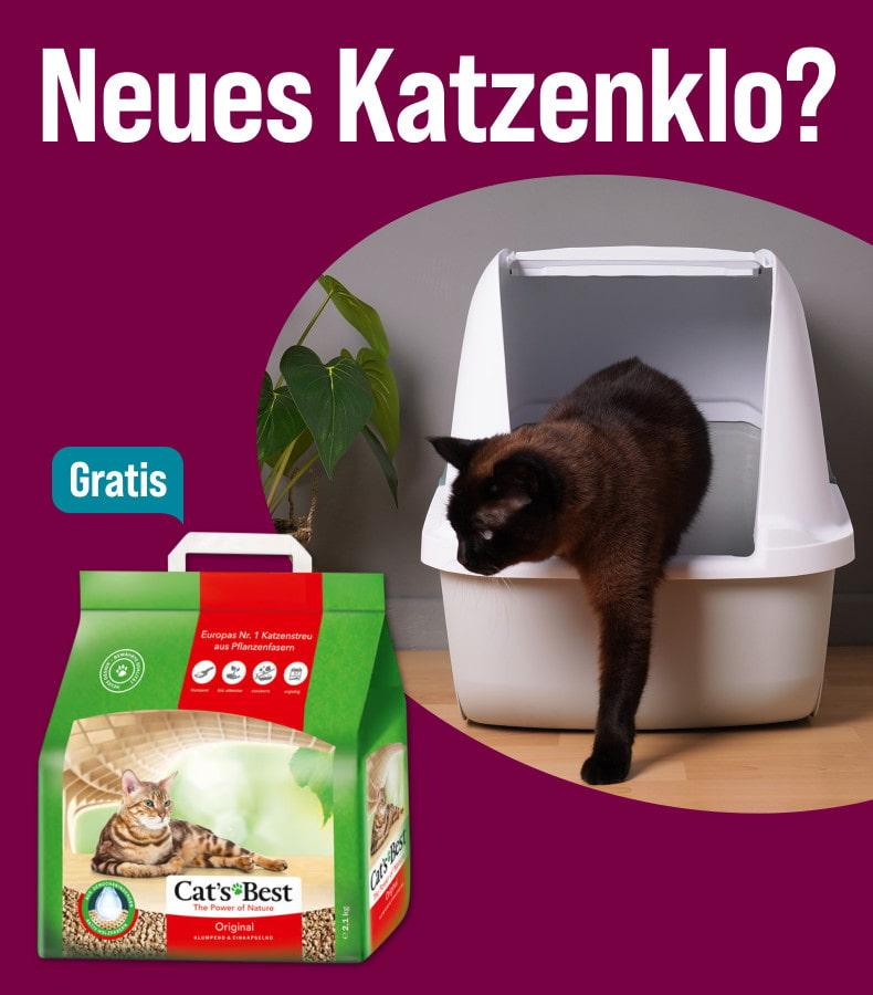 Gratis-Streu beim Kauf eines Katzenklos Katze steigt aus einer weißen Haubentoilette. Daneben Produktabbildung von Cat’s Best Katzenstreu mit Gratis‑Hinweis.