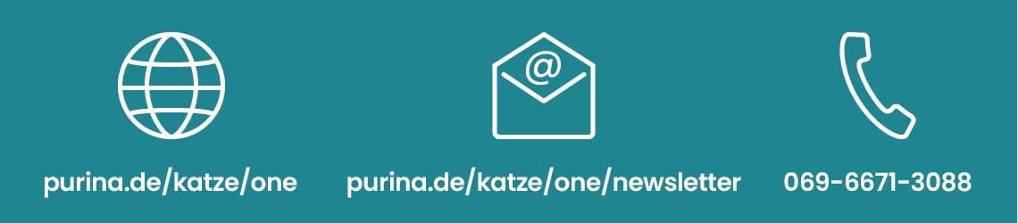 Kontakt Kontaktinformationen von Purina mit Symbolen für Website, Newsletter und Telefon.