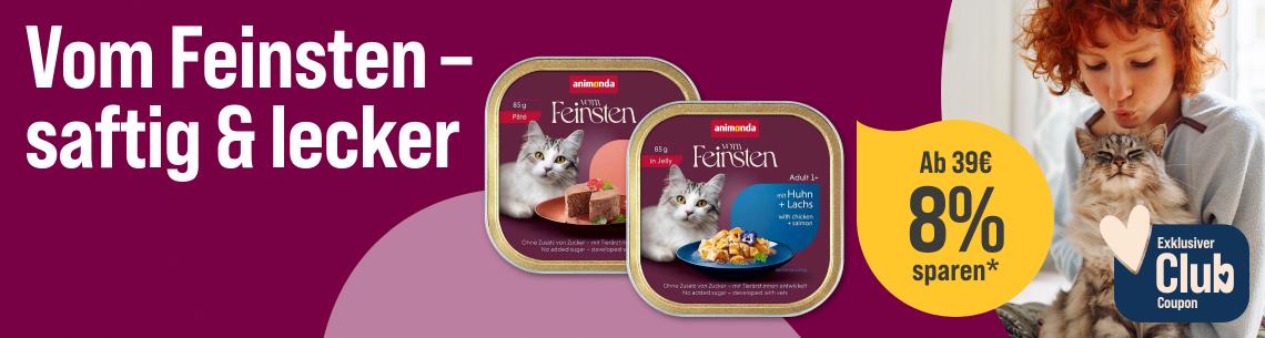 Spare 8 % ab 39 € auf Katzenfutter von Vom Feinsten Werbebanner für animonda Vom Feinsten Katzennassfutter mit dem Schriftzug „Vom Feinsten – saftig & lecker“. Abgebildet sind zwei Schalen Nassfutter der Marke animonda Vom Feinsten. Rechts sitzt eine Katze auf dem Schoß einer Person. Ein Hinweis hebt hervor: „Ab 39 € 8 % sparen*“. Zusätzlich wird ein exklusiver Club-Coupon beworben.