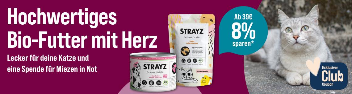 Spare 8 % ab 39 € auf Katzenfutter von Strayz Werbebanner für STRAYZ Katzennahrung mit dem Slogan „Hochwertiges Bio-Futter mit Herz“. Abgebildet sind eine Dose und ein Beutel Bio-Katzenfutter der Marke STRAYZ. Rechts liegt eine hellgraue Katze im Freien. Ein Hinweis hebt hervor: „Ab 39 € 8 % sparen*“. Zusätzlich wird ein exklusiver Club-Coupon beworben. Der Banner weist darauf hin: „Lecker für deine Katze und eine Spende für Miezen in Not“.