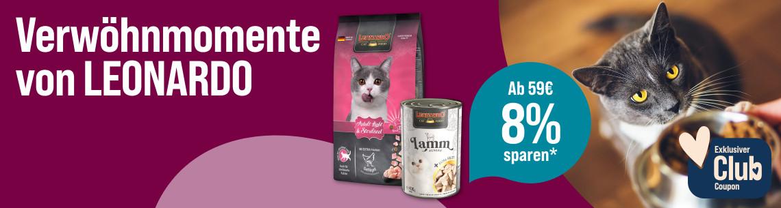Spare 8% ab 59€ auf Katzenfutter von Leonardo Aktionsbanner mit LEONARDO Katzenfutter: Eine Katze blickt auf einen Futternapf. Text: ‚Verwöhnmomente von LEONARDO‘, ‚Ab 59 € 8 % sparen‘ und ‚Exklusiver Club Coupon‘.