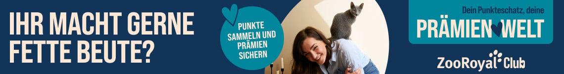 ZooRoyal Prämienwelt Werbebanner mit einer lächelnden Frau und einer Katze auf der Schulter; Text wirbt für den ZooRoyal Club und das Sammeln von Punkten für Prämien.