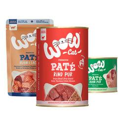 WOW Cat Paté Drei WOW Cat Paté‑Produkte in unterschiedlichen Sorten.