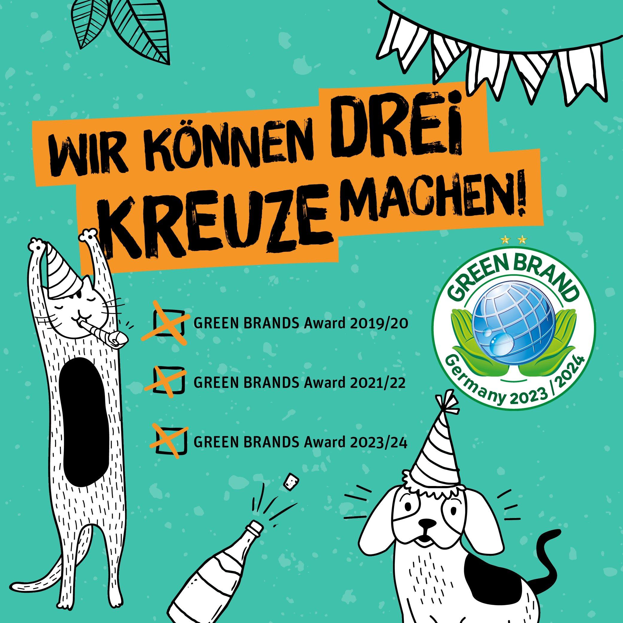 Green Brand Award Illustration von Katze und Hund mit dem Text „Wir können drei Kreuze machen!“ und Green Brands Award Siegel.