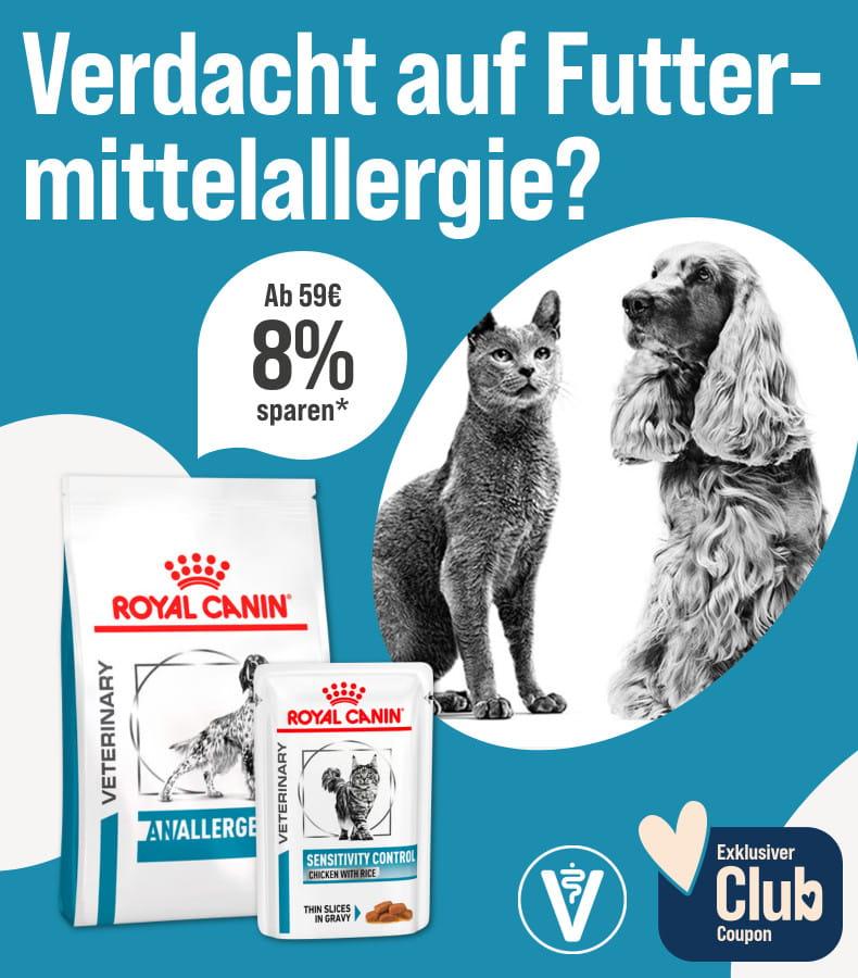 Spare 8 % ab 59 € auf Royal Canin Aktionsbanner für Royal Canin Tierfutter. Rechts sitzen eine Katze und ein Hund. 8 % Rabatt ab 59 € für ZooRoyal Club Mitglieder.