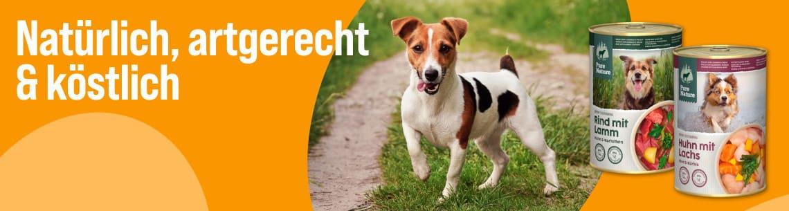 Entdecke Pure Nature Alleinfuttermenüs Aktionsbanner mit ZooRoyal Pure Nature Hundefutterdosen und einem Hund auf einem Waldweg.