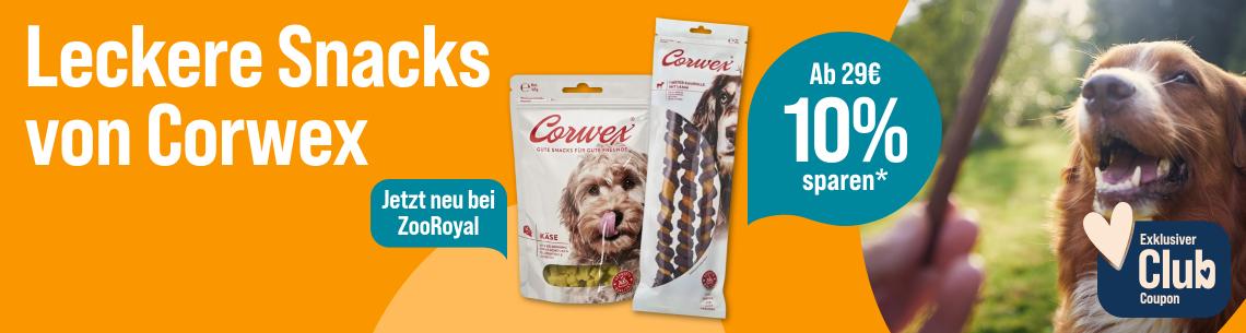 Spare 10 % ab 29 € auf Hundesnacks von Corwex Werbebanner für Corwex Hundesnacks mit dem Schriftzug „Leckere Snacks von Corwex“. Abgebildet sind zwei Hundesnack-Produkte der Marke Corwex. Ein Hinweis weist auf „Jetzt neu bei ZooRoyal“ hin. Rechts ist ein Hund im Freien zu sehen. Ein Hinweis hebt hervor: „Ab 29 € 10 % sparen*“. Zusätzlich wird ein exklusiver Club-Coupon beworben.