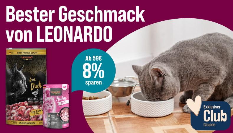Spare 8% ab 59€ auf LEONARDO Katzenfutter Aktionsbanner für Katzenfutter von LEONARDO. Katze frisst aus einem Napf, daneben Verpackungen von Trocken- und Nassfutter